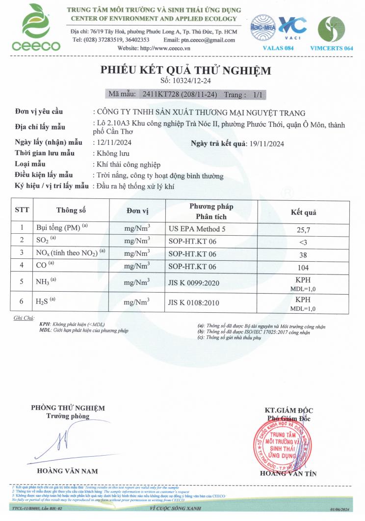 Phiếu kết quả thử nghiệm 2